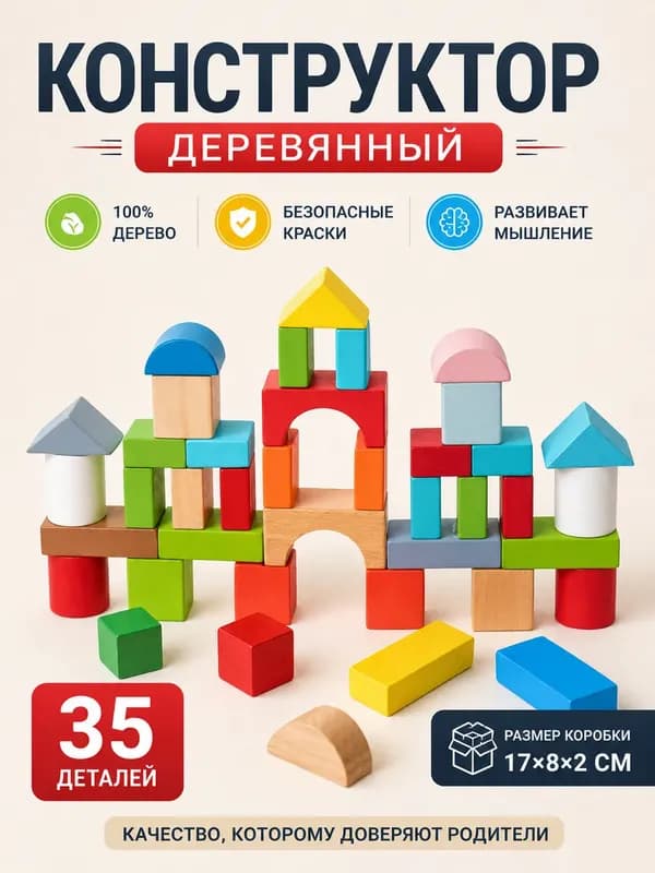 Конструктор детский кубики деревянный 35 деталей